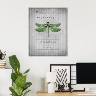 Poster Mariage de libellules à bijoux vert Bienvenue