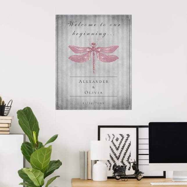 Poster Mariage de libellules rose bijoux Bienvenue (Bureau à domicile)