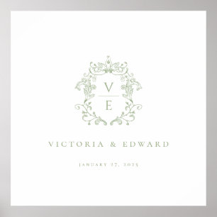Poster Mariage de monogramme de crête verte Sage