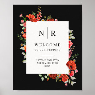 Poster Mariage de monogramme noir Fleur sauvage