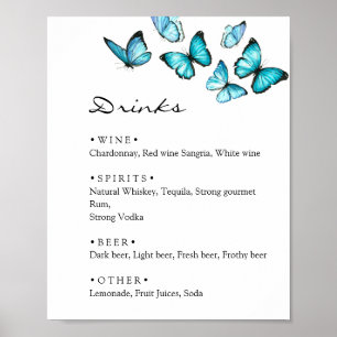 Poster Mariage de papillons Bleus élégant Bar de menu Boi