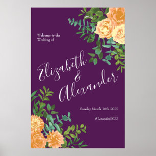 Poster Mariage de pêche violet Roses floraux