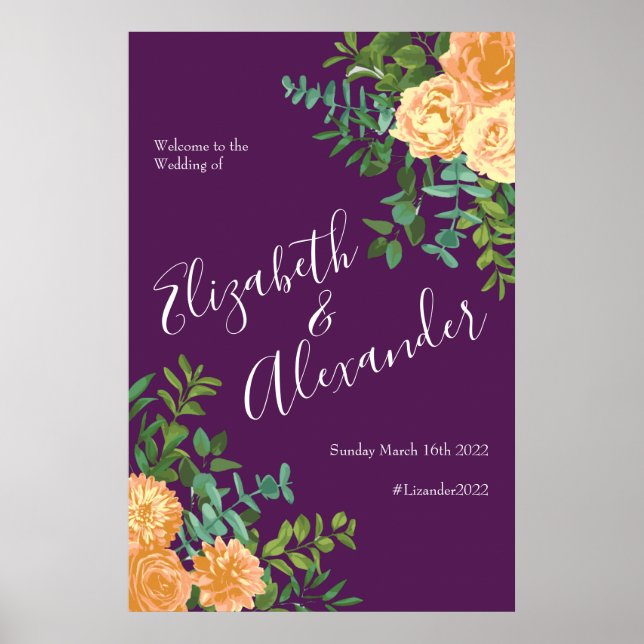 Poster Mariage de pêche violet Roses floraux (Devant)