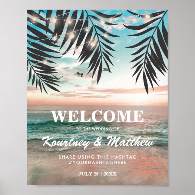 Poster Mariage de plage tropicale | Chaîne de lumières (Devant)