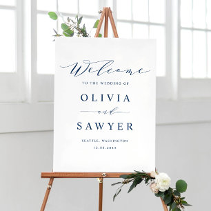 Poster Mariage de script minimaliste bleu marine Bienvenu