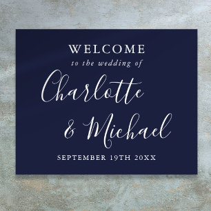 Poster Mariage de script signature bleu marine Bienvenue