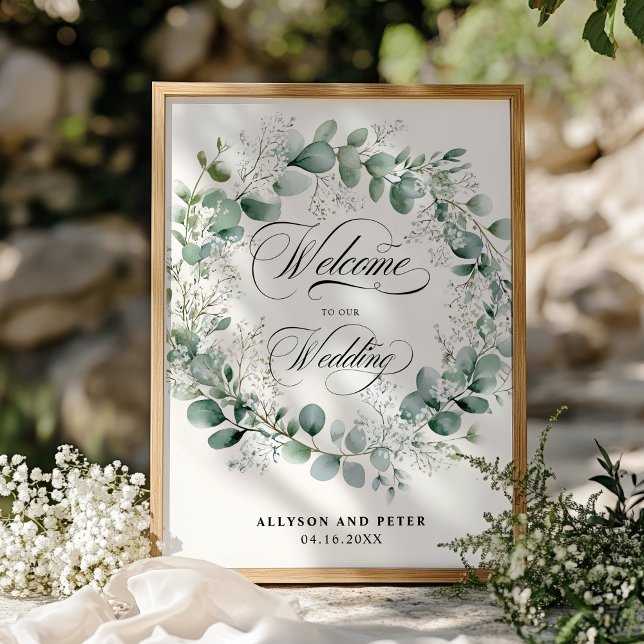 Poster Mariage de stylo Neutre Élégant Wreath vert (Greenery Wreath Elegant Neutral Script Wedding Poster)