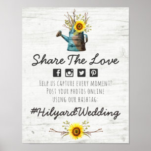 Poster Mariage de tournesol et de bois rustique Hashtag