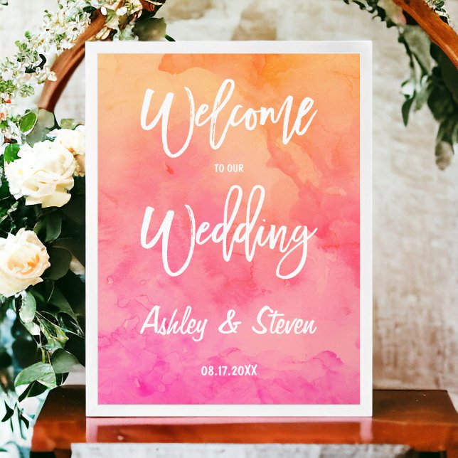 Poster Mariage de typographie d'aquarelle rose orange mod (Modern pink orange watercolor typography wedding poster)