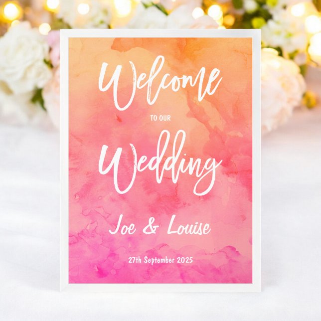 Poster Mariage de typographie d'aquarelle rose orange mod (Modern pink orange watercolor typography wedding poster)
