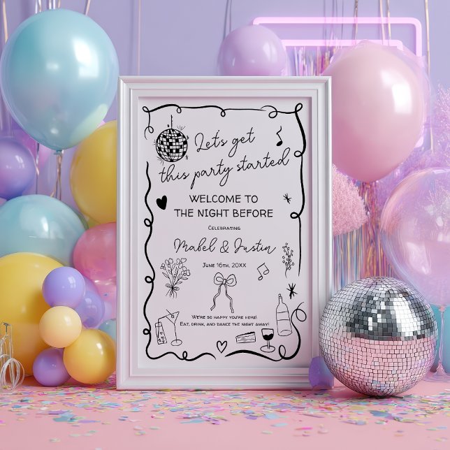 Poster Mariage décontracté noir blanc et irrégulier Bienv (Quirky whimsical black casual Wedding Welcome Poster)