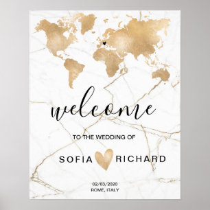 Poster Mariage Destination World Map Gold Removable Heart