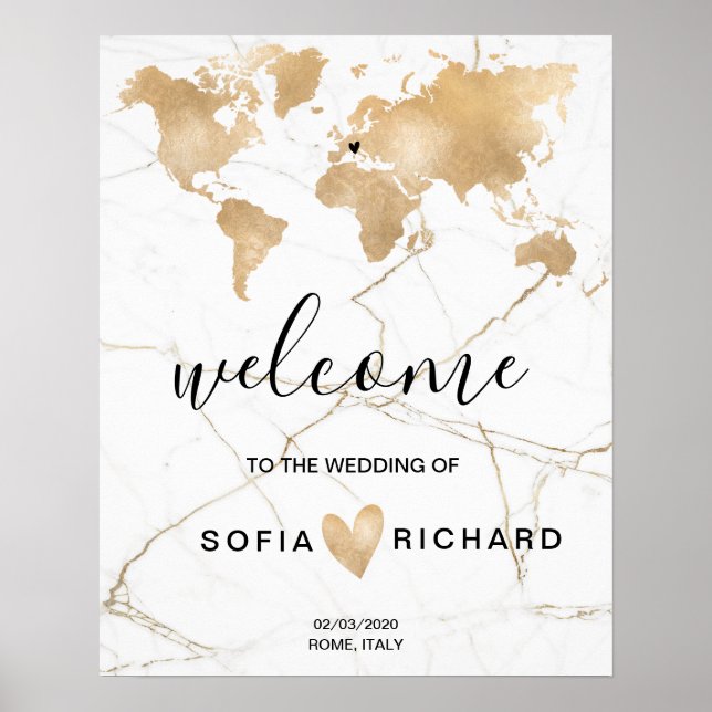 Poster Mariage Destination World Map Gold Removable Heart (Devant)