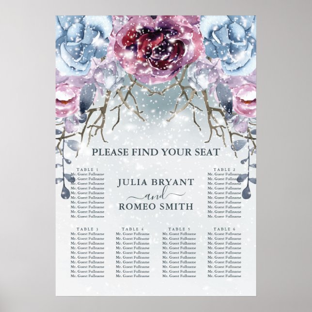 Poster Mariage d'hiver Floral Neige Bleu Seating Chart (Devant)