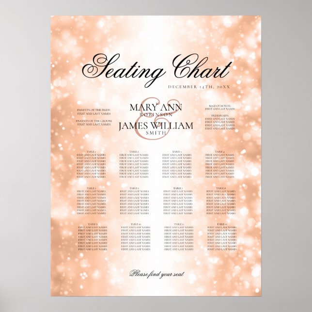 Poster Mariage Diagramme de siège Rose Gold Shimmer lumiè (Devant)