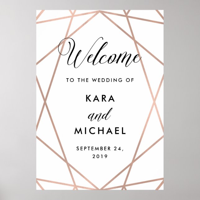 Poster Mariage Diamond Or Blanc et Rose Bienvenue (Devant)