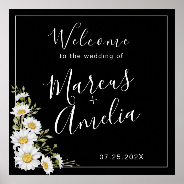 Poster Mariage Dramatique de marguerites noir et blanc (Devant)