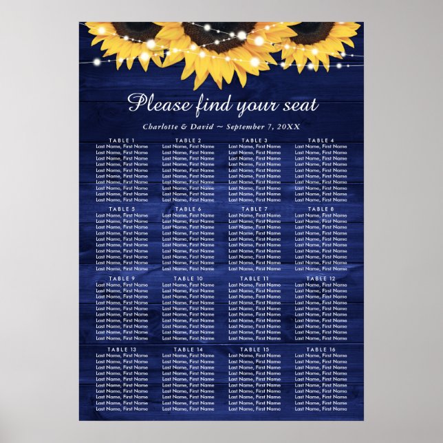 Poster Mariage du tournesol bleu de la Marine Plan de tab (Devant)