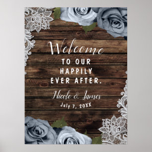 Poster Mariage Dusty Blue Fleurs Roses Bois Rustique et D