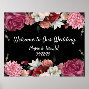 Poster Mariage Élégant avec Fleurs Bourguignonnes et Rose
