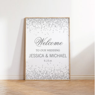 Poster Mariage Élégant Blanc avec Paillettes Argentées Br