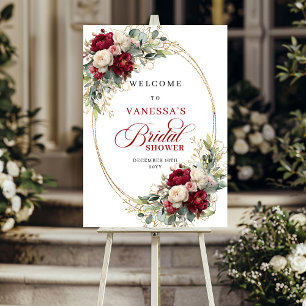 Poster Mariage élégant bordeaux blanc floral or shower d'