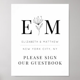 Poster Mariage Élégant Chic Moderne Monogramme Foliage