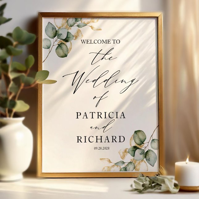 Poster Mariage Élégant de Verdure Dorée de Bienvenue (Créateur téléchargé)
