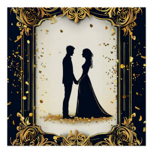 Poster Mariage élégant en silhouette avec cadre doré orné
