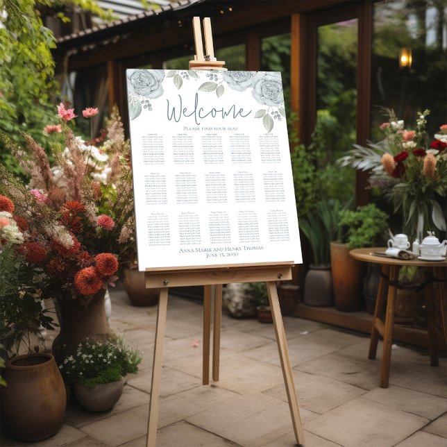 Poster Mariage Élégant Floral Roses Aquarelle Bleu (Elegant watercolor dusty blue floral seating chart with simple calligraphy script poster)