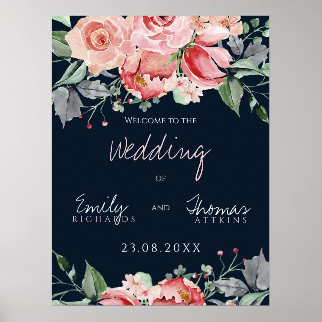 Poster Mariage élégant rose poudré marine écriture (Devant)