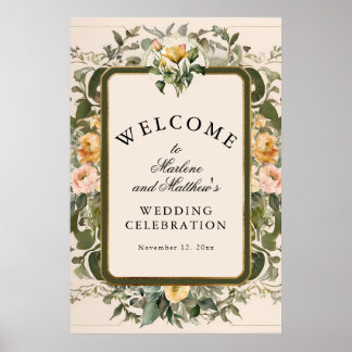 Poster Mariage élégant victorien floral jaune français