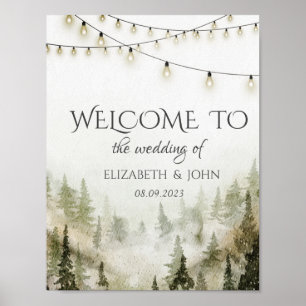 Poster Mariage en forêt, bois, pins, guirlandes lumineuse