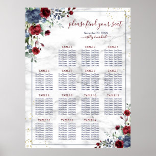 Poster Mariage en marbre floral Dusty Burgundy