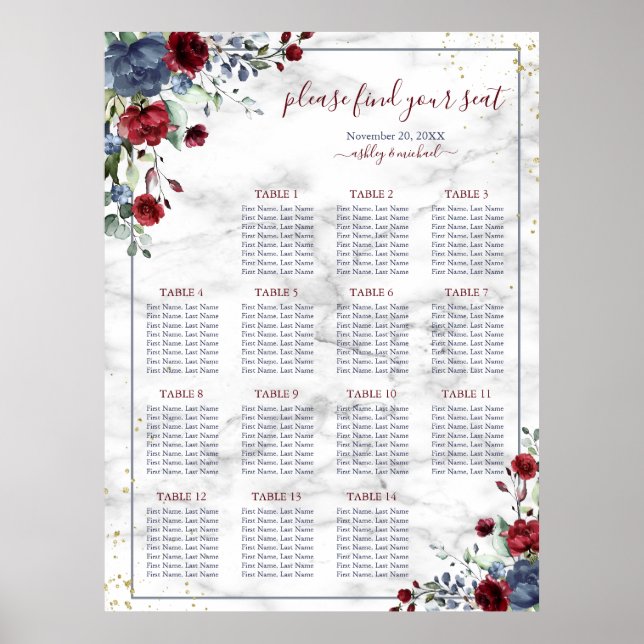 Poster Mariage en marbre floral Dusty Burgundy (Devant)