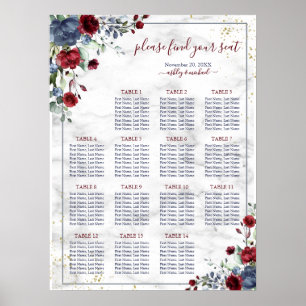 Poster Mariage en marbre floral Dusty Burgundy