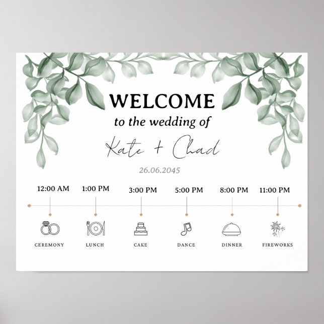 Poster Mariage Feuille vert Bienvenue & Timeline (Devant)
