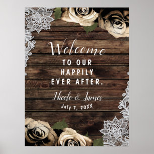 Poster Mariage Fleur de Roses Glam Or Bois Rustique Dente