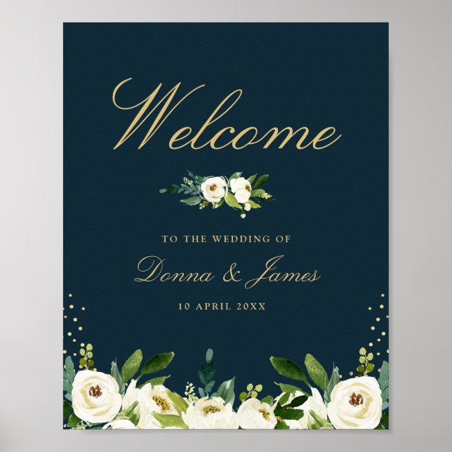 Poster mariage fleuri blanc ivoire signe de bienvenue (Devant)