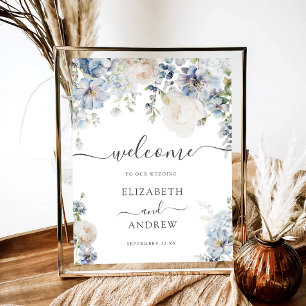Poster Mariage floral blanc et bleu chic