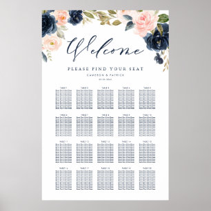 Poster Mariage floral bleu bleu bleu rose et marine