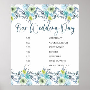 Poster Mariage Floral bleu clair jaune vert Horaire