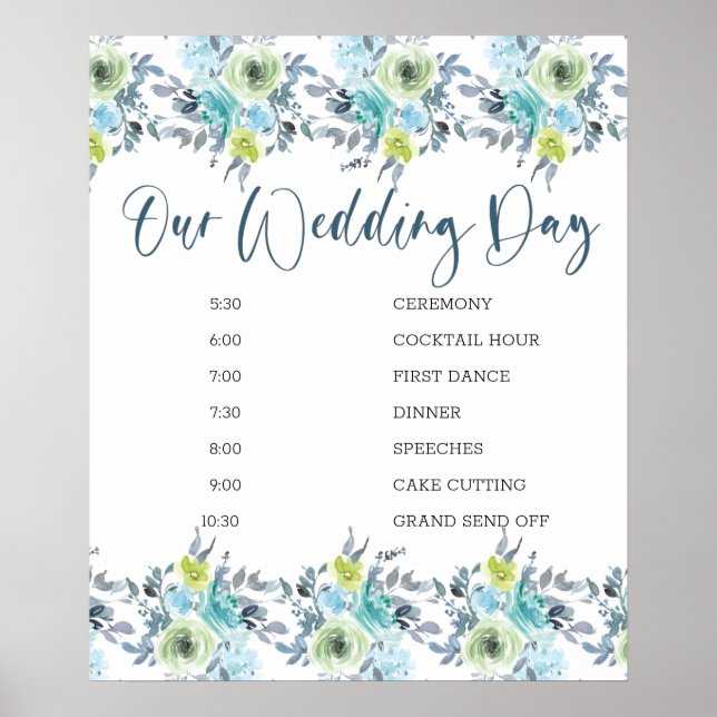 Poster Mariage Floral bleu clair jaune vert Horaire (Devant)