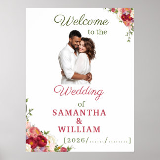 Poster Mariage floral bordeaux et rose élégant