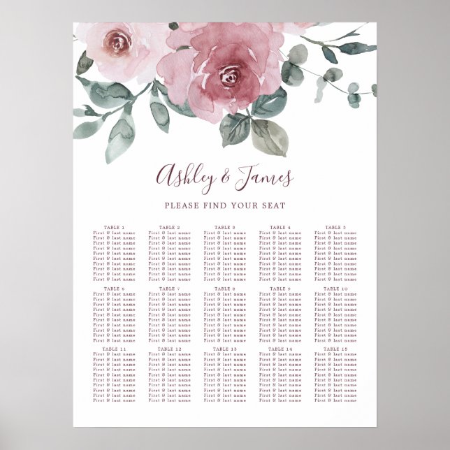 Poster Mariage Floral Dusty Rose Rose (Devant)