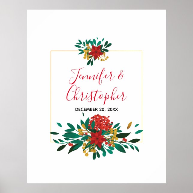 Poster Mariage floral moderne Red Green & Gold Christmas (Devant)