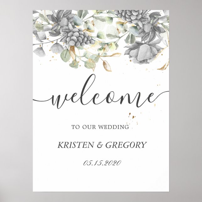 Poster mariage floral or argent dramatique Bienvenue (Devant)