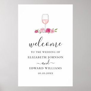 Poster Mariage floral rose. Bienvenue écriture roses et v
