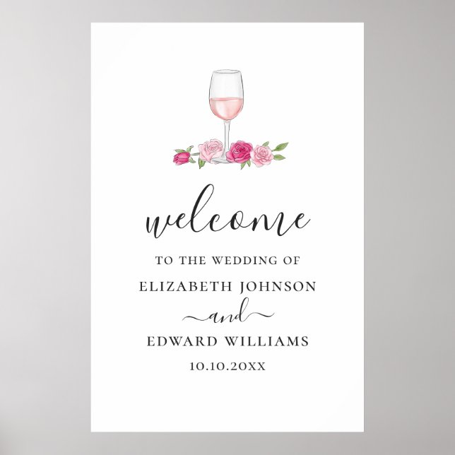 Poster Mariage floral rose. Bienvenue écriture roses et v (Devant)