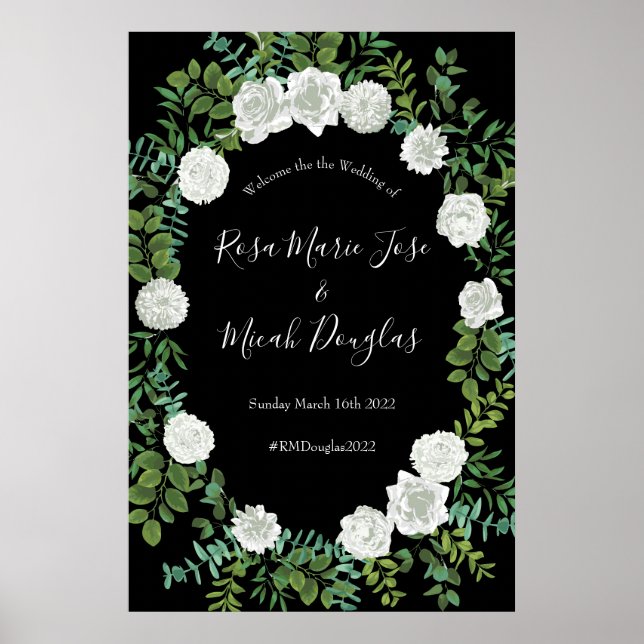 Poster Mariage floral rose noire et blanche (Devant)
